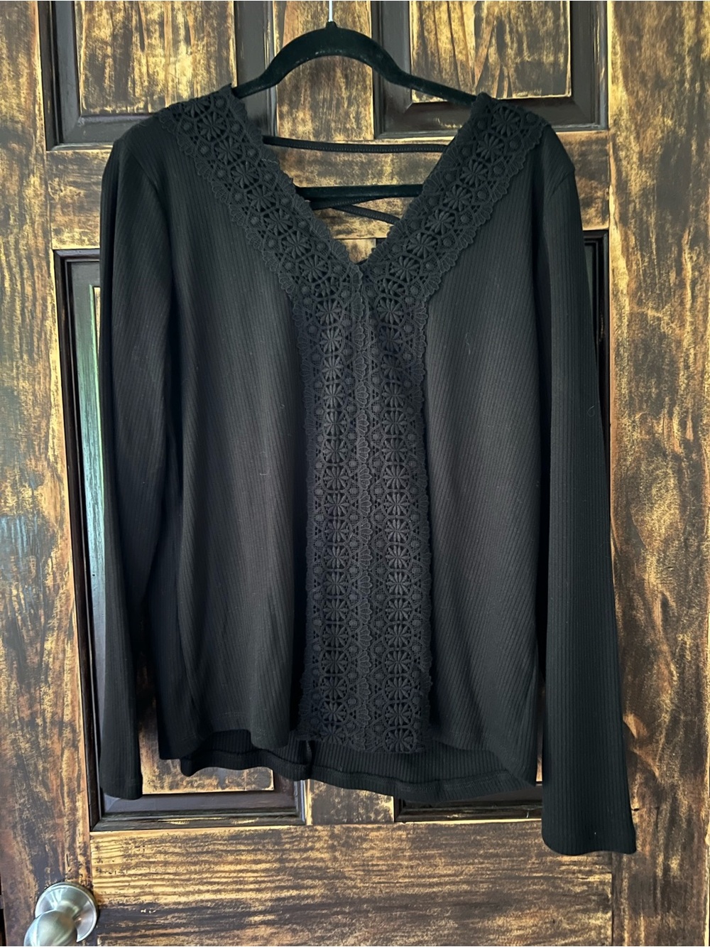 Maurices Black Long Sleeve V-Neck Top with Lace Panel